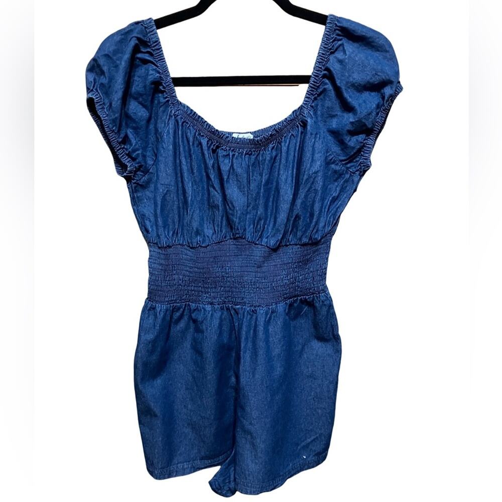Derek Heart Off the Shoulder Blue Denim Romper/ Jumpsuit/ Smocked size L